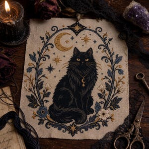 Puede incluir: Un bordado de punto de cruz sobre tela beige que muestra un gato negro esponjoso con un colgante de media luna. El gato está centrado dentro de un marco ovalado de hojas azul oscuro, estrellas doradas y una luna creciente, todo en hilo detallado.