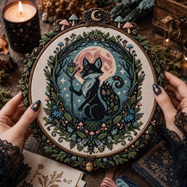 Enchanted Fox Cross Stitch Pattern, Woodland Moon Animal Chart (PDF Download)