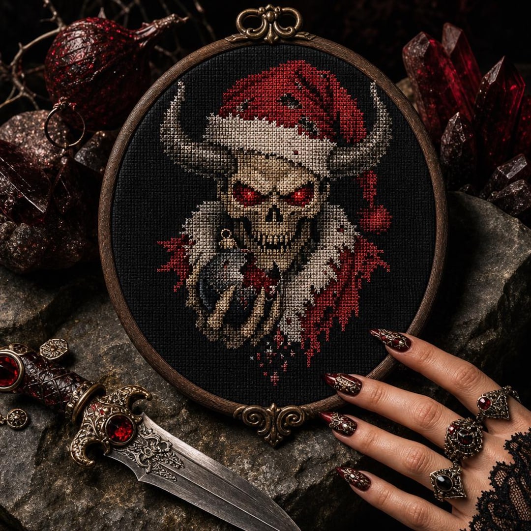 Horror Christmas Cross Stitch Pattern, Gothic Skull Demon PDF, Dark ...
