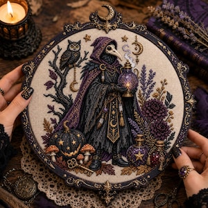 May include: A circular cross-stitch embroidery featuring a plague doctor in a purple and black cloak holding a glowing orb. The design includes an owl, a pumpkin with stars, mushrooms, a key, and potion bottles, all framed in an ornate dark border.