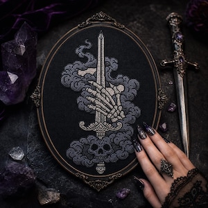Skeleton Hand Sword Cross Stitch Pattern, Gothic Skull Dark Academia PDF (Instant Download)