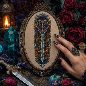 Dragon Sword Cross Stitch Pattern, Gothic Dark Academia Fantasy Art (PDF Download)