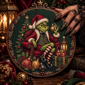 Vintage Grinch Cross Stitch Pattern, Classic Christmas Holiday Design PDF