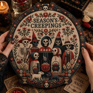 Spooky Folk Art Cross Stitch Pattern | Creepings Skeletons Digital PDF | Gothic Autumn Needlework