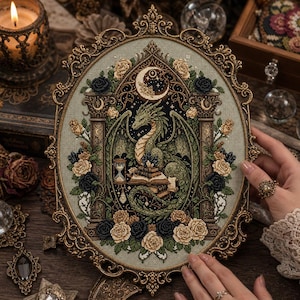 Può includere: Un ricamo a punto croce ovale raffigurante un drago verde avvolto attorno a una pila di libri e una clessidra, incorniciato da rose color crema e nere e pilastri architettonici in una cornice decorata color oro antico.