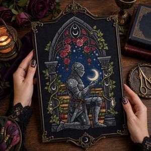 May include: A rectangular cross-stitch embroidery featuring a knight in silver armor kneeling within a gothic archway. The knight holds a crescent moon, surrounded by red roses, green vines, and a stack of books against a dark blue starry background.