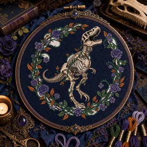May include: A circular embroidery hoop containing a cross-stitch design of a dinosaur skeleton centered within a wreath of purple roses and green leaves on a dark navy blue fabric background, framed by an ornate, antique-style metal border.
