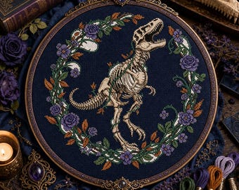 T-Rex Skeleton Cross Stitch Pattern, Dinosaur Bones PDF, Gothic Floral Wreath Instant Download