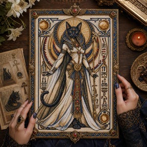 May include: A rectangular framed cross-stitch embroidery depicting an anthropomorphic black cat deity in Egyptian-style attire, featuring gold, blue, and white threads, a staff, and hieroglyphic-inspired borders within an ornate metallic frame.