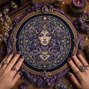 May include: A circular embroidery hoop featuring a detailed cross-stitch portrait of a person with flowing hair, surrounded by celestial motifs in shades of purple, blue, and gold. The frame is adorned with ornate metal accents and purple cabochons.