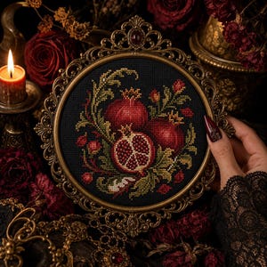 May include: A circular cross-stitch embroidery featuring a cluster of red pomegranates and green foliage on a black fabric background, encased in an ornate, antique-style gold metal frame with intricate scrollwork and a small red gemstone accent.