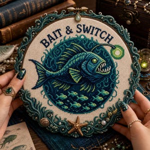 May include: A circular embroidery hoop featuring a cross-stitch design of a deep-sea anglerfish with sharp teeth and a glowing lure. The text BAIT & SWITCH is stitched above the fish. The frame is decorated with teal yarn, pearls, and a starfish.