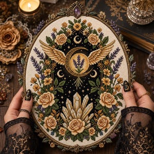 May include: An oval cross-stitch embroidery piece in a decorative bronze frame. The design features a central golden crescent moon with wings, surrounded by yellow roses, lavender sprigs, and a cluster of crystals against a black background.