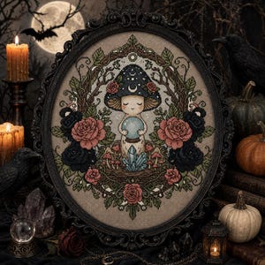 May include: A cross-stitch embroidery in an oval black frame featuring a central mushroom character with a dark blue cap, holding a light blue crystal ball, surrounded by pink and black roses, green leaves, and a cluster of blue crystals.