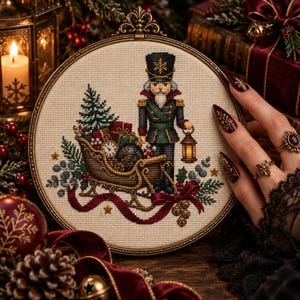 Op de afbeelding: Een ronde borduurring met een kruissteekontwerp van een notenkraker die naast een slee vol cadeaus en een klok staat. De scène bevat een kleine dennenboom, hulst en een rood lint op een crèmekleurige stoffen achtergrond.