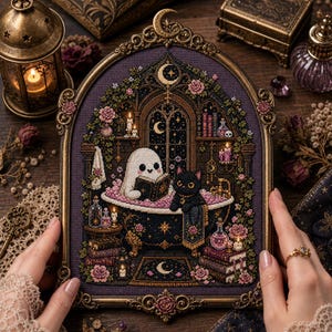 Peut inclure: Une broderie au point de croix encadrée représentant un fantôme blanc et un chat noir dans une baignoire à pieds remplie de bulles roses. La scène inclut des livres, des bougies et des fleurs dans un cadre doré antique orné et arqué.