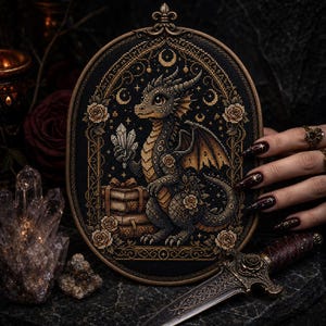 May include: An oval-framed cross-stitch embroidery featuring a small dragon holding a crystal, surrounded by roses, stars, and crescent moons. The design is stitched in gold and dark tones on a black fabric background, set within a decorative frame.