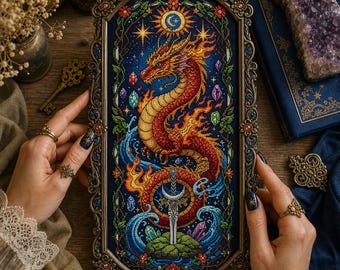 Peut inclure: Une broderie au point de croix rectangulaire représentant un dragon rouge et orange enroulé autour d'une épée argentée, sur fond bleu foncé avec des bordures florales et des cristaux, dans un cadre métallique orné aux reflets bleus.