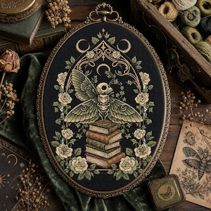 May include: An oval embroidery hoop containing a cross-stitch design on black fabric. The pattern features a moth with a skull head perched on a stack of books, framed by cream-colored roses, green leaves, and golden crescent moon motifs.