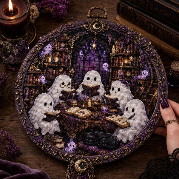 Ghost Library Cross Stitch Pattern, Spooky Bookish Gothic Decor (PDF Download)