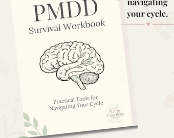 Może przedstawiać: 42-stronicowy zeszyt ćwiczeń do druku zatytułowany PMDD Survival Workbook z podtytułem Practical Tools for Navigating Your Cycle. Okładka zawiera czarny rysunek liniowy ludzkiego mózgu z listkami oraz logo Cozy Brain Designs.