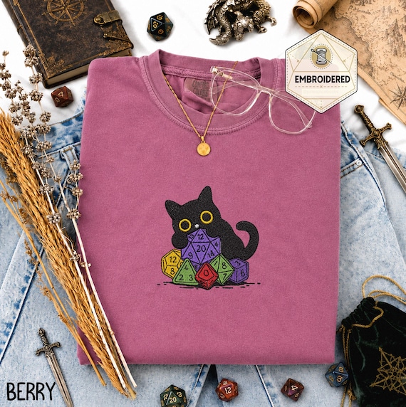Embroidered Dice Goblin Cat Shirt, I Hoard Dice Tee, RPG Cats, 20 Sided Dice Gift, Tabletop RPG Shirt, Dnd Gifts