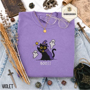 Broderad Bu-katt-tröja, spöktrollkarlskatt-tröja, Halloween-svart katt-tröja, RPG-katter, fantasy-gamer-present, DND-presenter