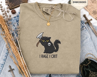 Camiseta bordada de gato bárbaro, camiseta de gato, camiseta divertida, camiseta para juegos de mesa, regalo para juegos de rol, camiseta de gato de fantasía, regalo, regalo para D&D, gatos de mazmorra