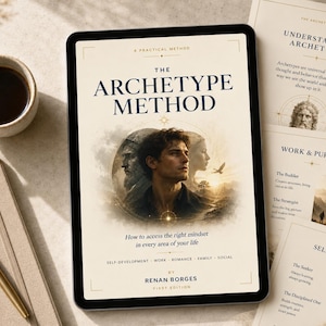 May include: A digital tablet shows the book "The Archetype Method" by Renan Borges. The cover features a portrait of a man with other figures and a bird. Printed pages and a coffee cup are also visible.