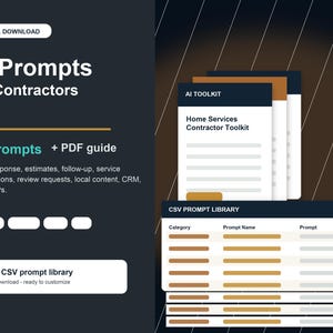Op de afbeelding: Een digitale download getiteld AI Prompts for Contractors met 96 prompts en een PDF-gids. De afbeelding toont een AI Toolkit-document, een CSV Prompt Library-tabel met kolommen voor categorie, promptnaam en prompt, en diverse tekstdetails.