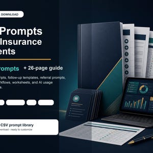 May include: A digital download product titled AI Prompts for Insurance Agents, featuring 96 prompts and a 26-page guide. The image displays a dark blue binder, a tablet showing data charts, a pen, and documents on a dark background with a download icon.