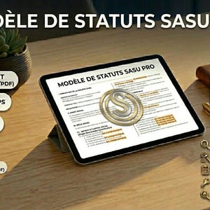 Może przedstawiać: Tablet wyświetlający dokument zatytułowany "MODÈLE DE STATUTS SASU PRO" na drewnianej powierzchni. Obraz zawiera długopis, notatnik i ikony. Widoczny jest tekst "TÉLÉCHARGEMENT IMMÉDIAT".