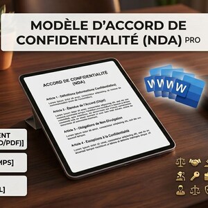 Peut inclure: Une tablette numérique affiche un accord de confidentialité intitulé "MODÈLE D'ACCORD DE CONFIDENTIALITÉ (NDA) PRO". L'image comprend un bloc-notes, un stylo et des plantes succulentes dans des pots en terre cuite. Des icônes et du texte indiquent le téléchargement immédiat.