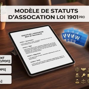 以下が含まれることがあります： 木製の机の上に「STATUTS DE L'ASSOCIATION」というタイトルのドキュメントが表示されたデジタルタブレット。画像には、メモ帳、ペン、および「JARED INVEST」というテキストのロゴが含まれています。 2つの小さな鉢植えの多肉植物と青いWWWアイコンのスタックも表示されます。
