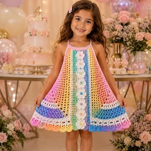 Rainbow Flower Crochet Baby Dress Pattern, Toddler Summer Bell Dress (PDF Download)