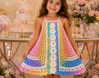 Rainbow Flower Crochet Baby Dress Pattern, Toddler Summer Bell Dress (PDF Download)