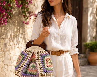 Modello per borsa quadrata all'uncinetto stile "nonna", borsa tote boho, borsetta vintage, borsa da mercato (download PDF)