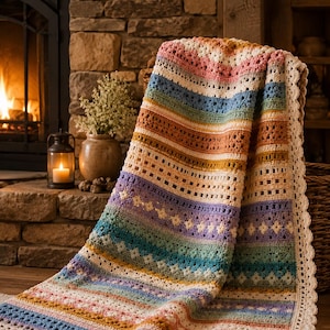 Puede incluir: Una manta de ganchillo rectangular con rayas horizontales en un degradado de tonos pastel y tierra que incluyen rosa, azul, naranja, morado y crema. La manta tiene un borde festoneado decorativo y patrones de puntos intrincados.