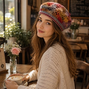 May include: A crochet beret featuring a variegated yarn pattern in shades of red, orange, yellow, and purple. The hat has a textured, open-work stitch design with a solid-colored ribbed band at the base, providing a rounded, soft silhouette.