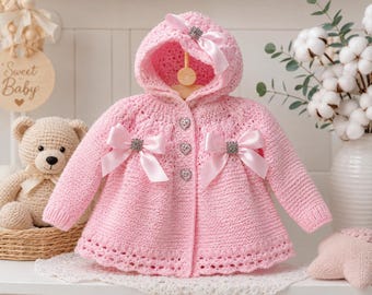 Handmade Pink Crochet Baby Hooded Coat, Satin Bows, Heart Buttons, Newborn Girl Sweater