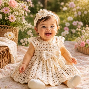 May include: A cream-coloured crochet dress featuring a large bow at the waist, a textured bodice, and a flared skirt. The outfit includes a matching crochet headband adorned with a central flower and small pearl-like accents, paired with simple white shoes.