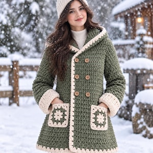 May include: An olive green crochet hooded coat featuring a double-breasted front with six brown buttons, cream-coloured trim along the edges, and two square pockets decorated with a cream-coloured floral granny square motif and matching cuffs.