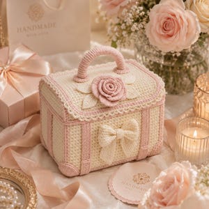 May include: A rectangular crochet storage box in cream and soft pink. The lid features a central pink rose with leaves and a handle. The front is decorated with a cream-colored crochet bow and pink vertical stripes. The edges have a delicate lace trim.