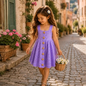 May include: A lavender crochet dress featuring a square neckline, thick straps, and a vertical row of gold-toned flower-shaped buttons down the centre. The dress has a flared skirt and is paired with a small woven basket filled with white daisies.