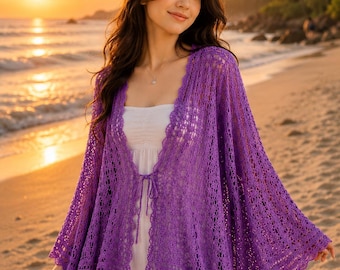 Crochet Kimono Cardigan Pattern, Boho Lace Beach Cover Up, Beginner Shawl Tutorial (PDF Download)