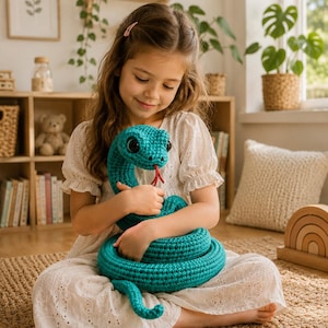 May include: A teal crochet snake plush toy with large black eyes and a small red tongue. The snake is coiled in a circular shape, featuring a textured yarn surface created with tight, uniform stitches throughout its entire length.