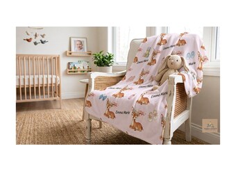 Spersonalizowany kocyk dla dziewczynki, pluszowy koc z welwetu z imieniem, leśny wystrój pokoju dziecięcego, kwiatowy prezent na baby shower z jelonkiem, kocyk pamiątkowy