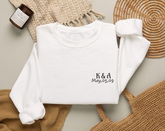 Custom Embroidered Crewneck Sweatshirt,heirloom, Wedding gift, Initials Chest Embroidery, Child Birth Date Sleeve, Personalized Gift for Her