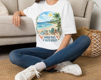 Sandy Toes & Salty Kisses T-Shirt, Beach Vacation Shirt, Coastal Grandmother Aesthetic, Summer Travel Tee, Soft style Unisex Beach Gift