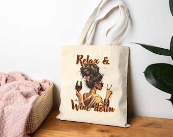 Relax And Wine Down Canvas Tote Bag Aesthetic Cotton Shoulder Bag Trendy Beach Bag Cute Bachelorette Party Favor Gift Reusable Market Tote